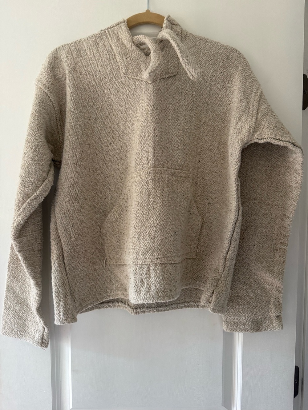 Cream Textured Pullover Sweater with Front Pocket
